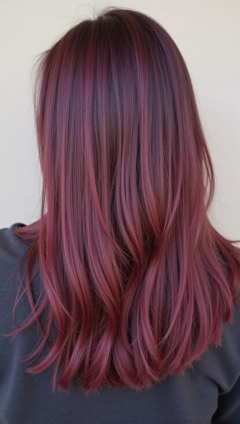 A photo of a 31-year-old woman with a soft, rich, and slightly muted burgundy, giving a plush and elegant appearance, colored sleek, straight long hair, back view.