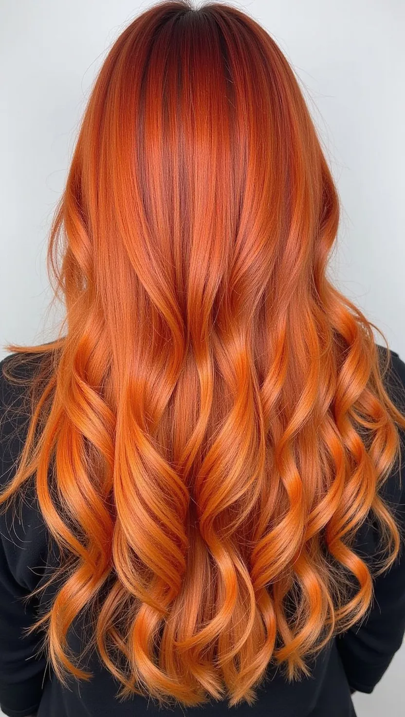 Pumpkin Spice A photo of a 28-year-old woman with a vibrant orange-red with subtle golden undertones colored long wavy hair, back view.