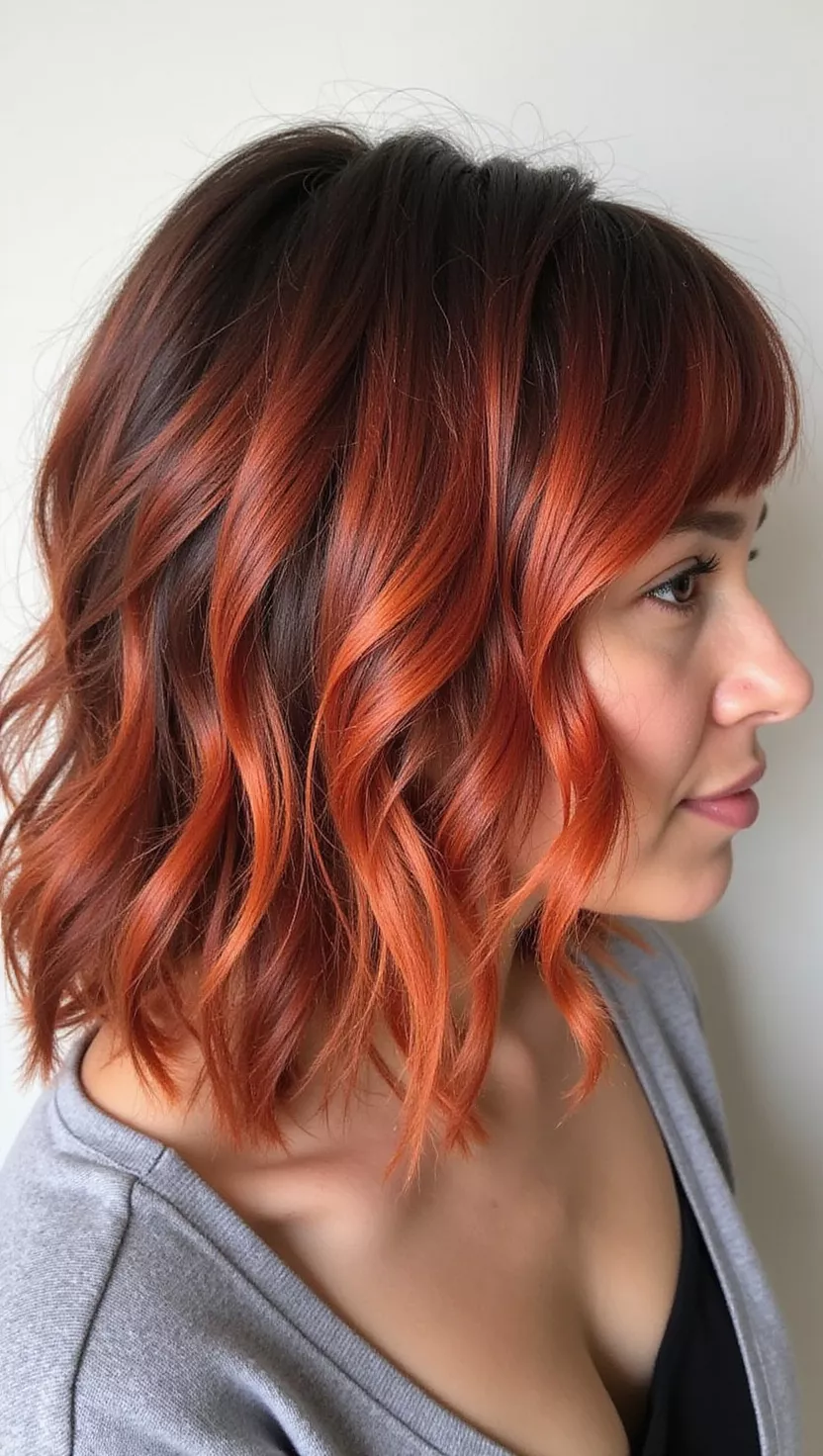 Copper Red Highlights A photo of a 26-year-old woman with bright, fiery copper red highlights woven through a dark brown base colored shoulder-length bob, profile view.