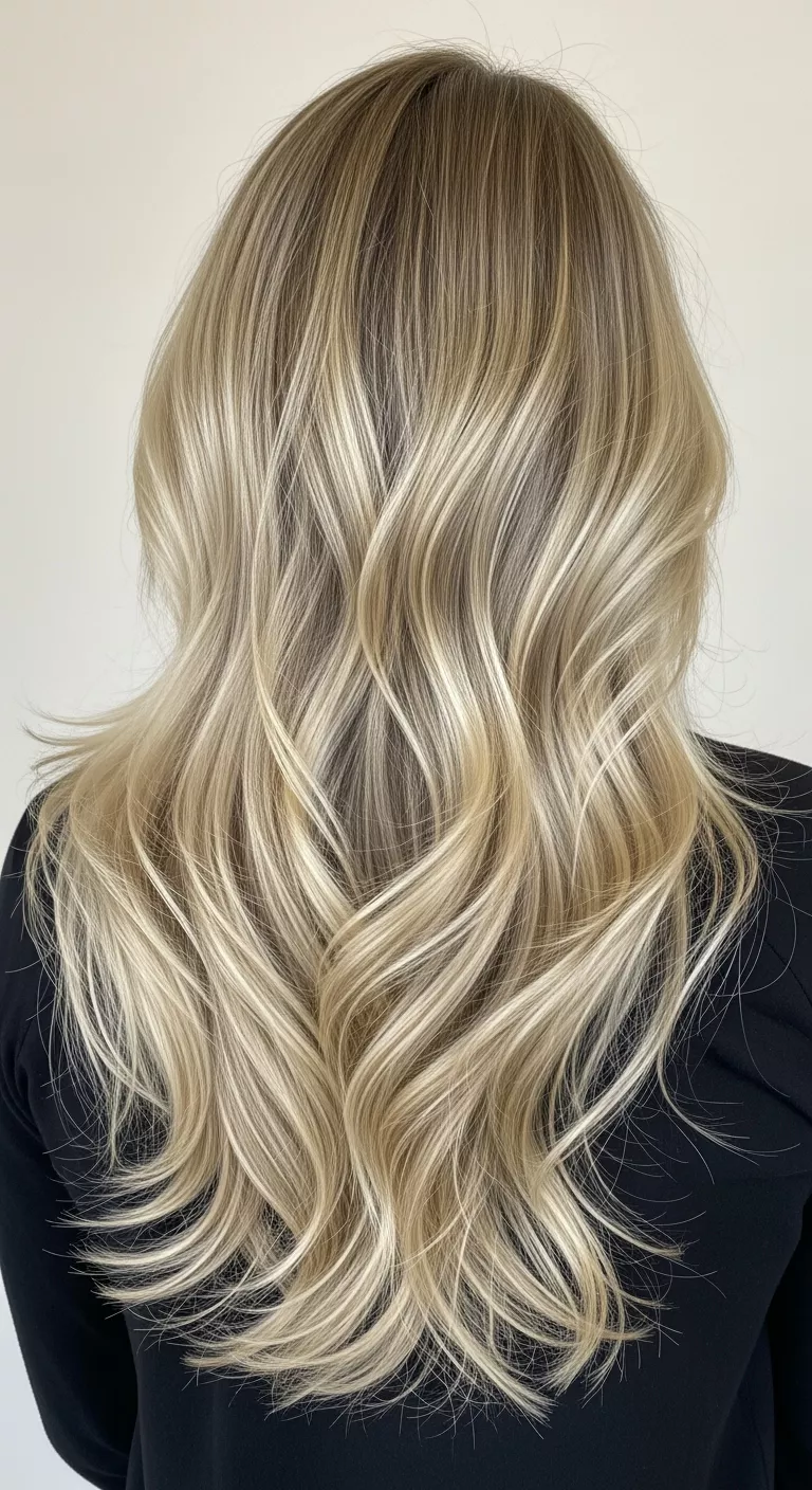 Layered Blonde A photo of a 27-year-old woman with a dynamically layered blonde, featuring various shades of blonde throughout the different layers colored long, layered waves, back view.