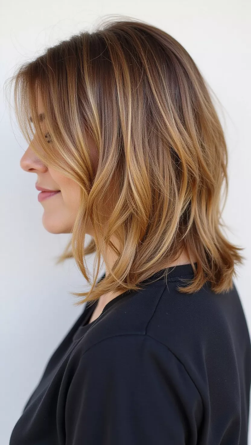 Caramel Brulee A photo of a 32-year-old woman with a rich golden-brown with creamy caramel highlights colored shoulder-length bob, back view.