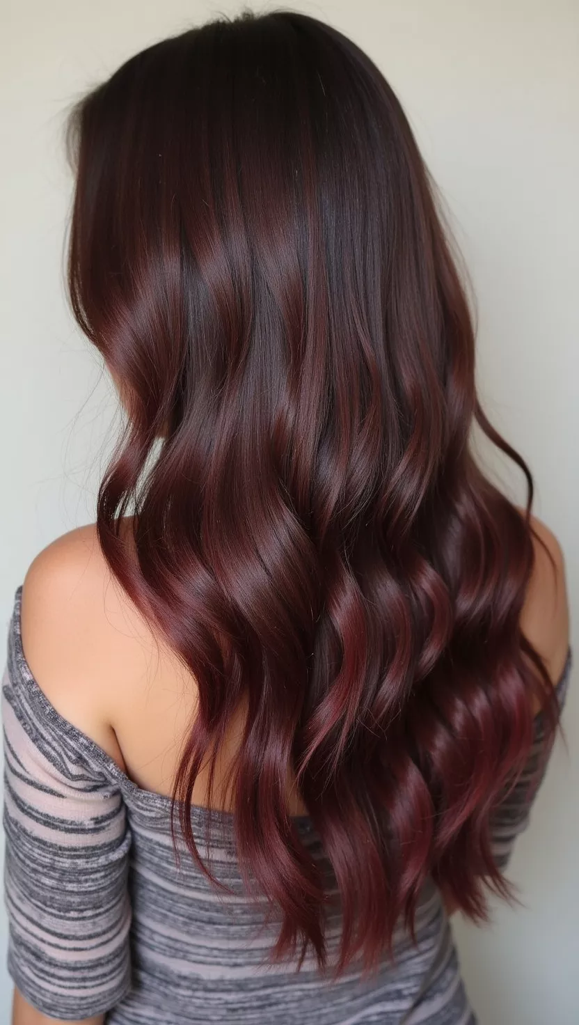 Chocolate A photo of a 32-year-old woman with a deep, decadent chocolate brown hair color, rich and glossy with subtle reddish undertones, colored straight layered hair, back view.