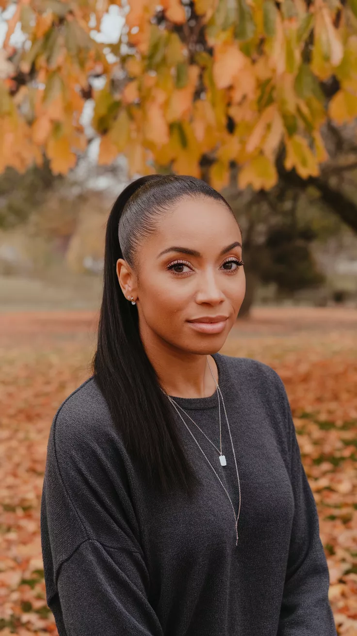 Slicked Back Ponytail A photo of a 28-year-old black woman with slicked back ponytail, fall background.