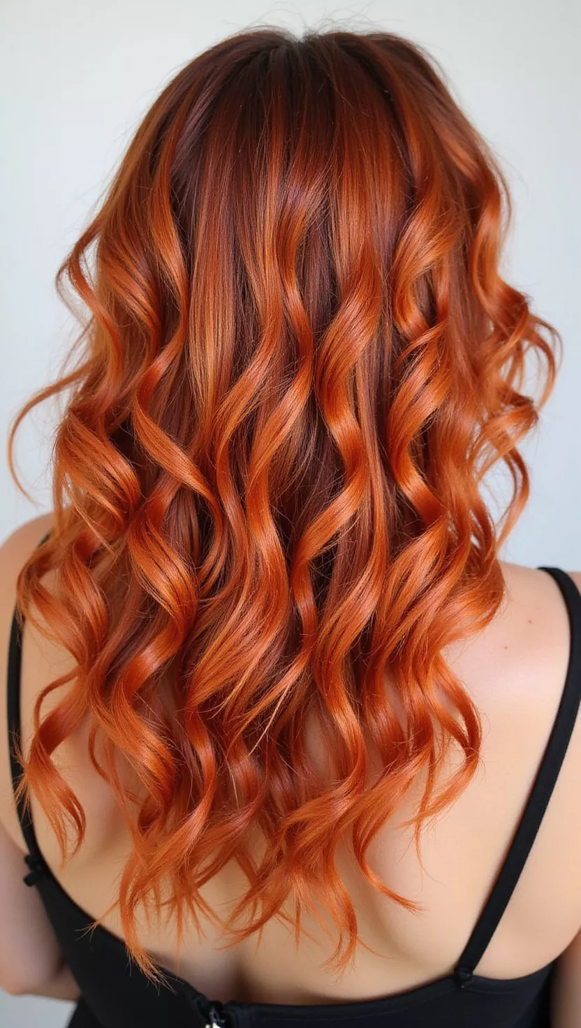 A photo of a 28-year-old woman with a bright metallic copper with orange undertones colored medium-length curly hair, back view.