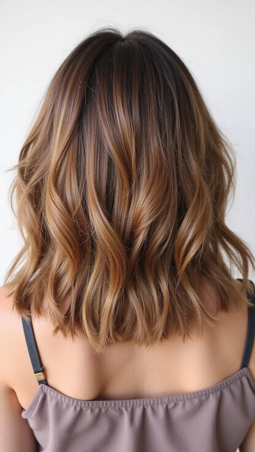 Bronze Glow A photo of a 29-year-old woman with a metallic bronze with golden highlights colored shoulder-length bob, back view.