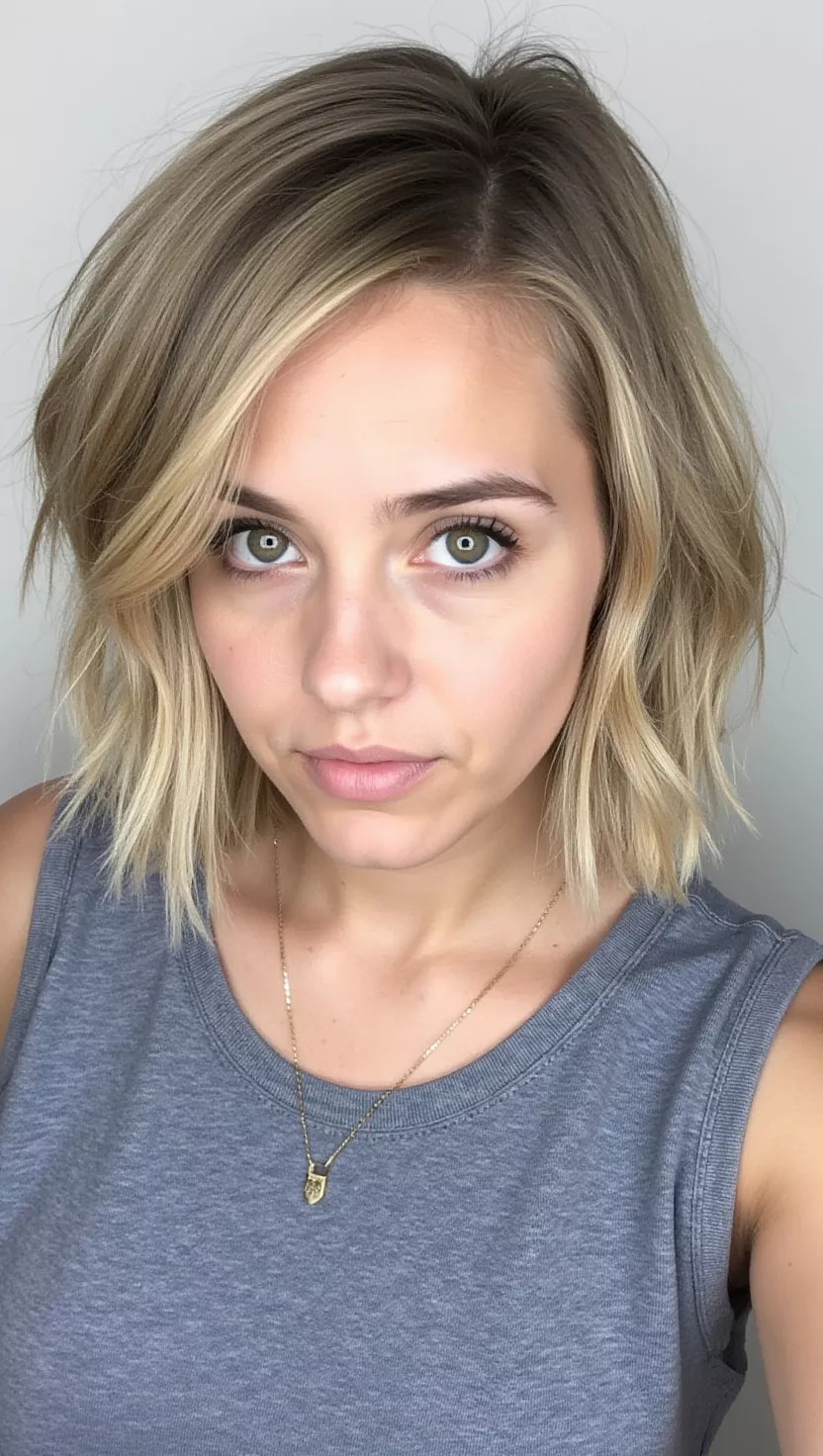 Sandy Blonde A photo of a 21-year-old woman with a muted, cool sandy blonde with subtle ash undertones colored short, choppy bob, front view.