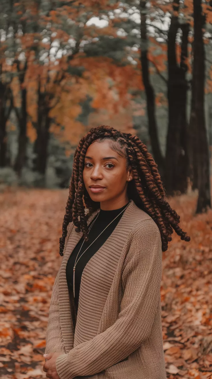 Chunky Twist Out A photo of a 26-year-old black woman with chunky twist out, fall background.