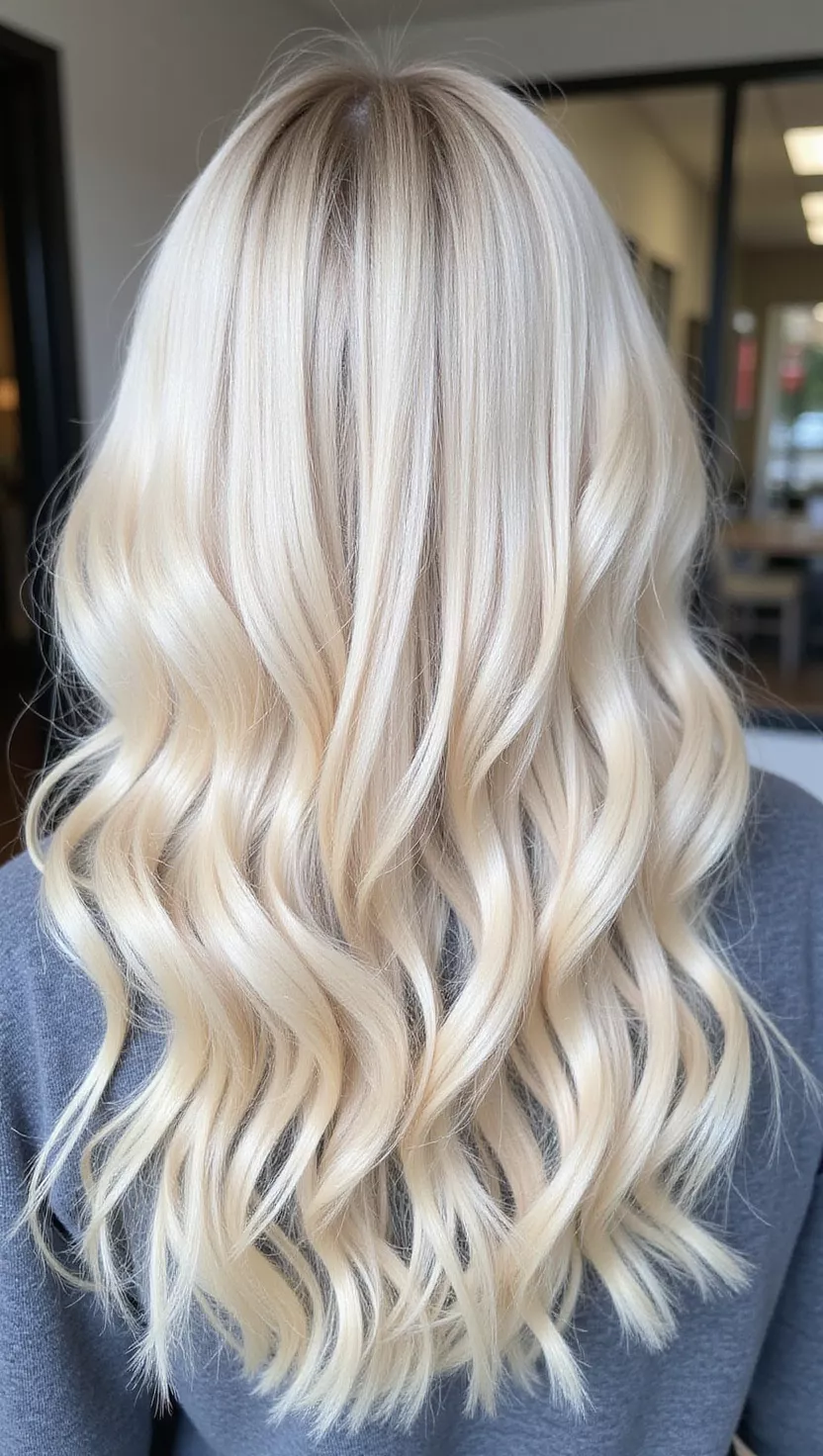 Creamy Blonde A photo of a 20-year-old woman with a soft, iridescent creamy blonde hair color, a very light, almost white blonde with subtle warmth, colored long, wavy hair, back view.