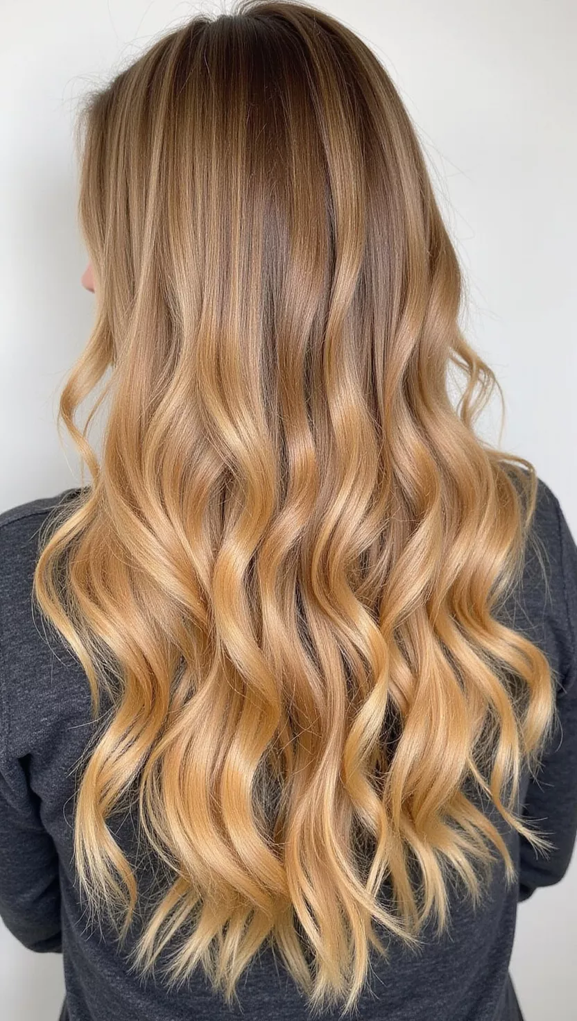 Butterscotch Blonde A photo of a 26-year-old woman with a warm golden blonde with amber undertones colored long wavy hair, back view.