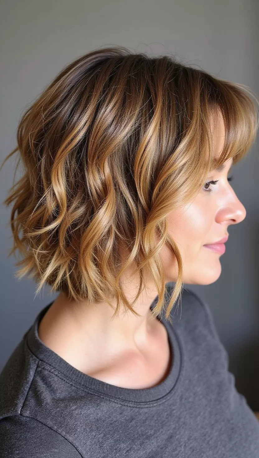 Caramel Highlights A photo of a 33-year-old woman with chunky, warm golden-brown caramel highlights woven through a medium brown base colored shoulder-length bob, profile view.