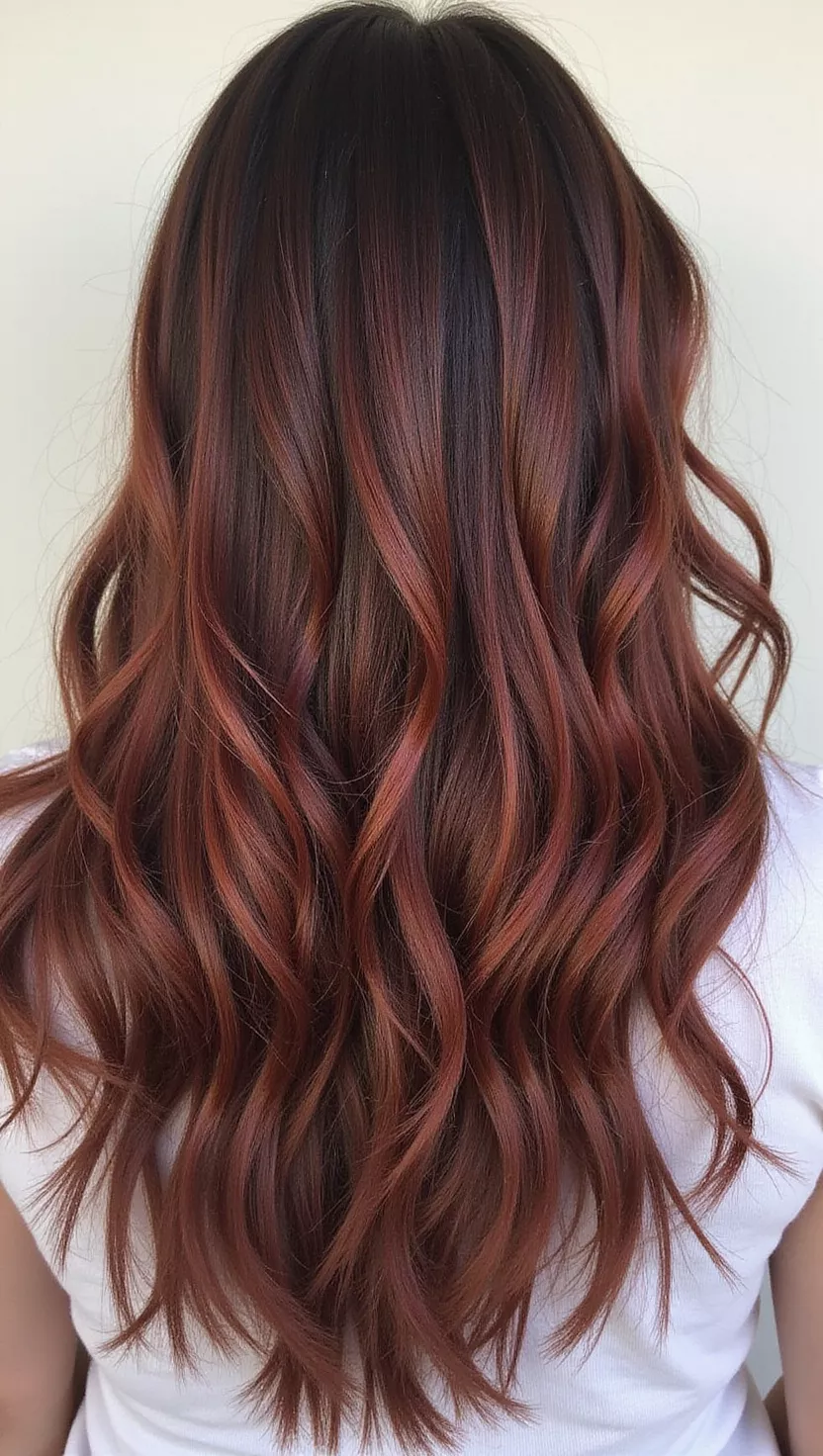 Mahogany Glow A photo of a 25-year-old woman with a Mahogany Glow colored long, layered hair, back view.