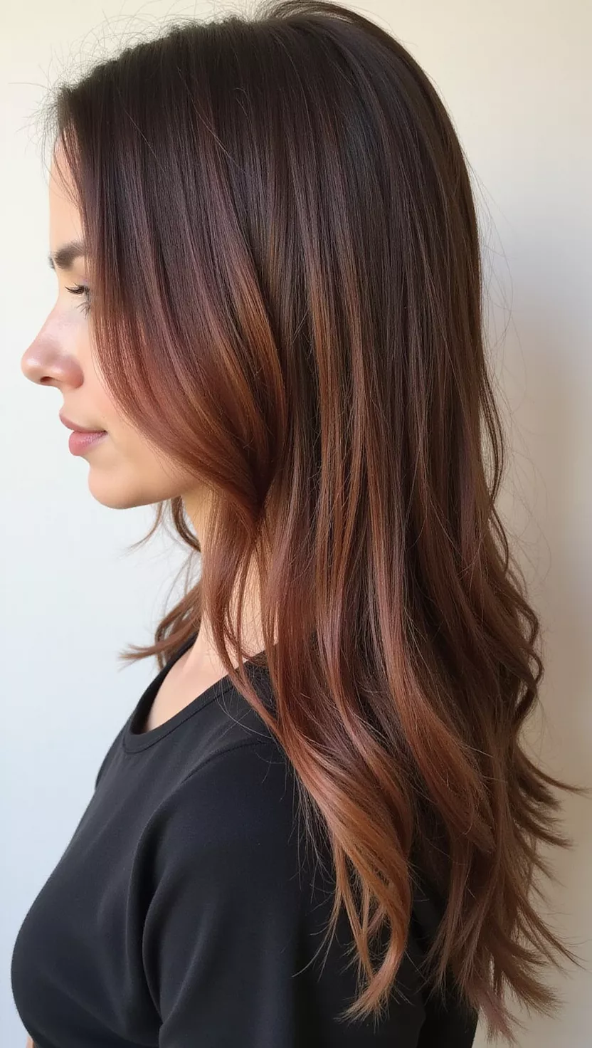 Mocha Brown A photo of a 27-year-old woman with a deep, rich brown with subtle hints of red and gold colored long, straight hair, profile view.