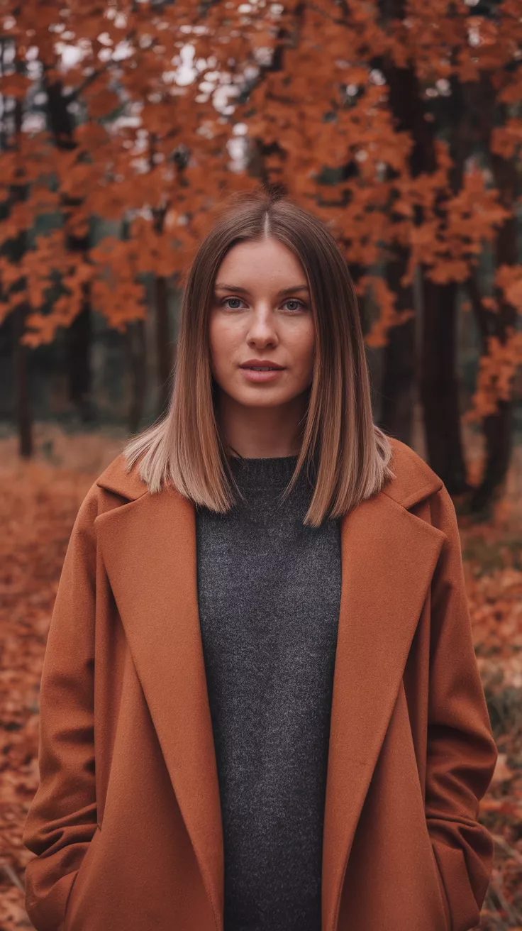 Sleek and Straight A photo of a 29-year-old woman with a medium length sleek and straight hairstyle, autumn leaves background.
