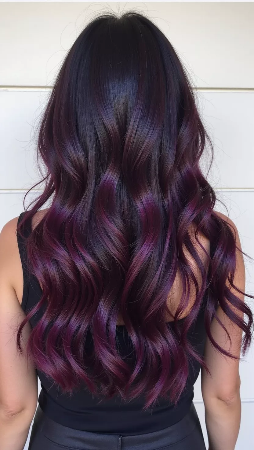 A photo of a 27-year-old woman with a dark, almost black base swirled with deep, luscious purple and hints of red, resembling mashed blackberries, colored long, wavy hair, back view.