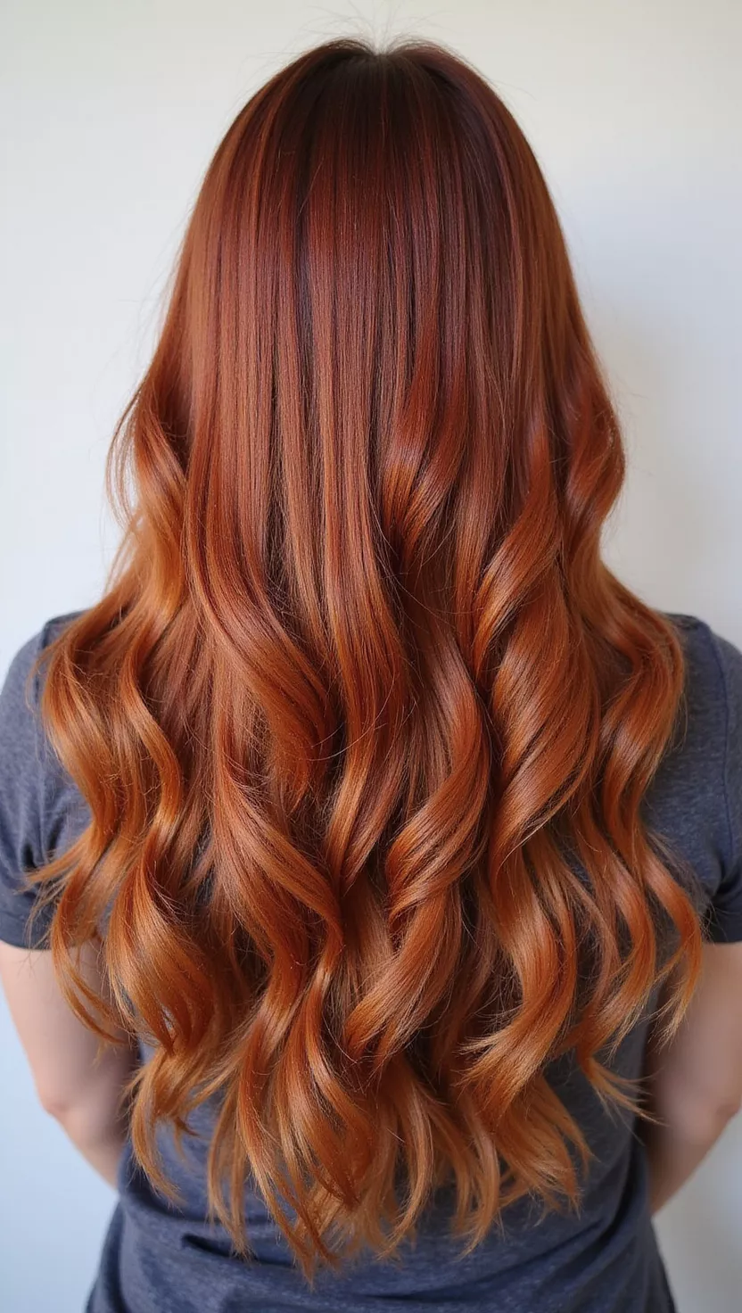 Cowboy Copper A photo of a 26-year-old woman with a rustic, deep cowboy copper hair color, a rich, warm coppery brown with significant reddish undertones, colored long, flowing hair, back view.