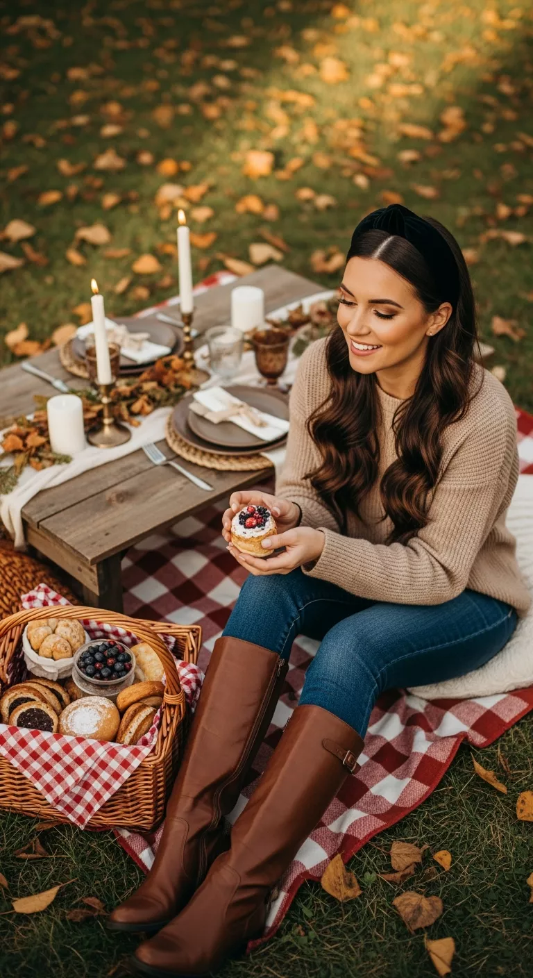 Headband with Loose Hair A photo of a 27-year-old woman with a headband with loose hair hairstyle, cozy autumn picnic background.