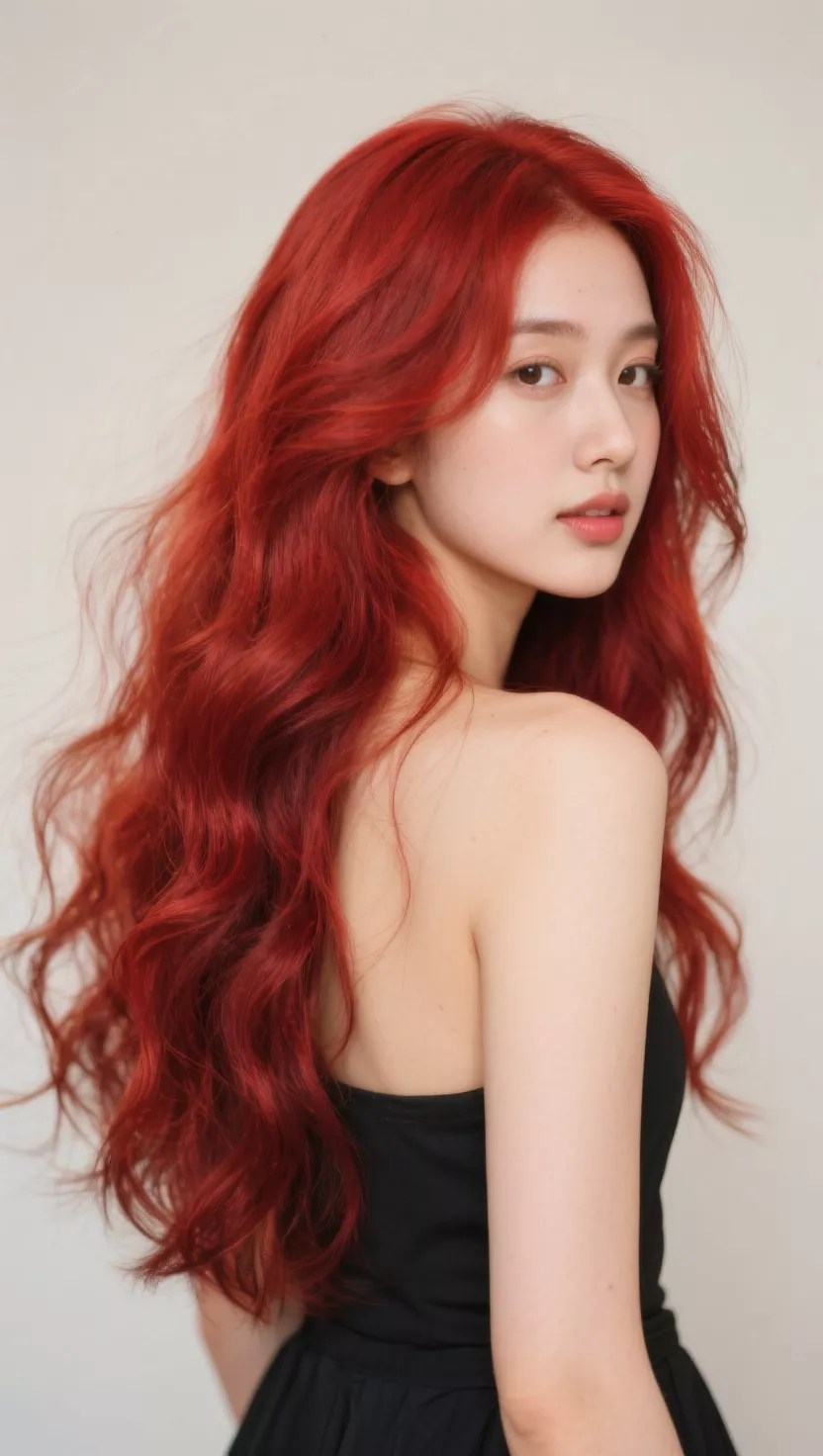 A photo of a 25-year-old woman with a red hair color, styled in soft, loose waves that have been brushed out for a voluminous and slightly tousled look, colored long, wavy hair, back view.