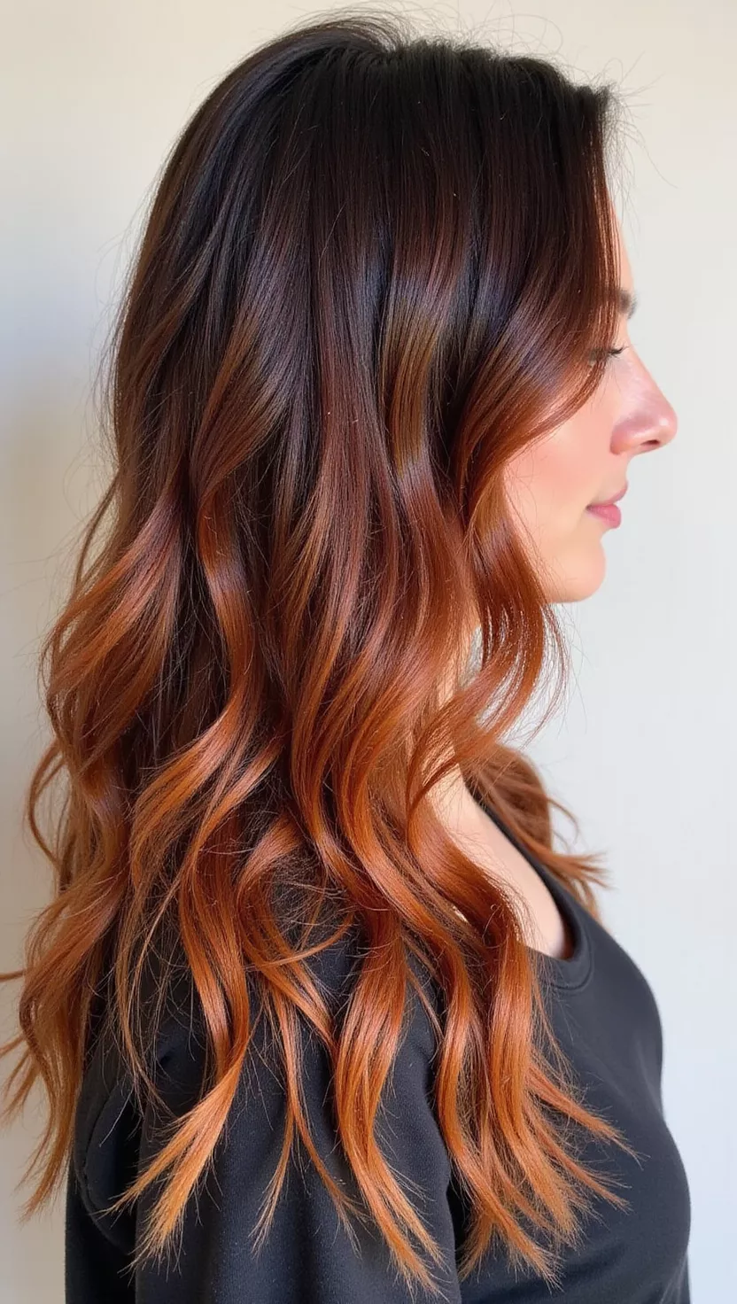 Auburn Ombre A photo of a 28-year-old woman with a gradual transition from a dark brown or black at the roots to a warm, reddish-brown auburn at the ends colored long, wavy hair, profile view.
