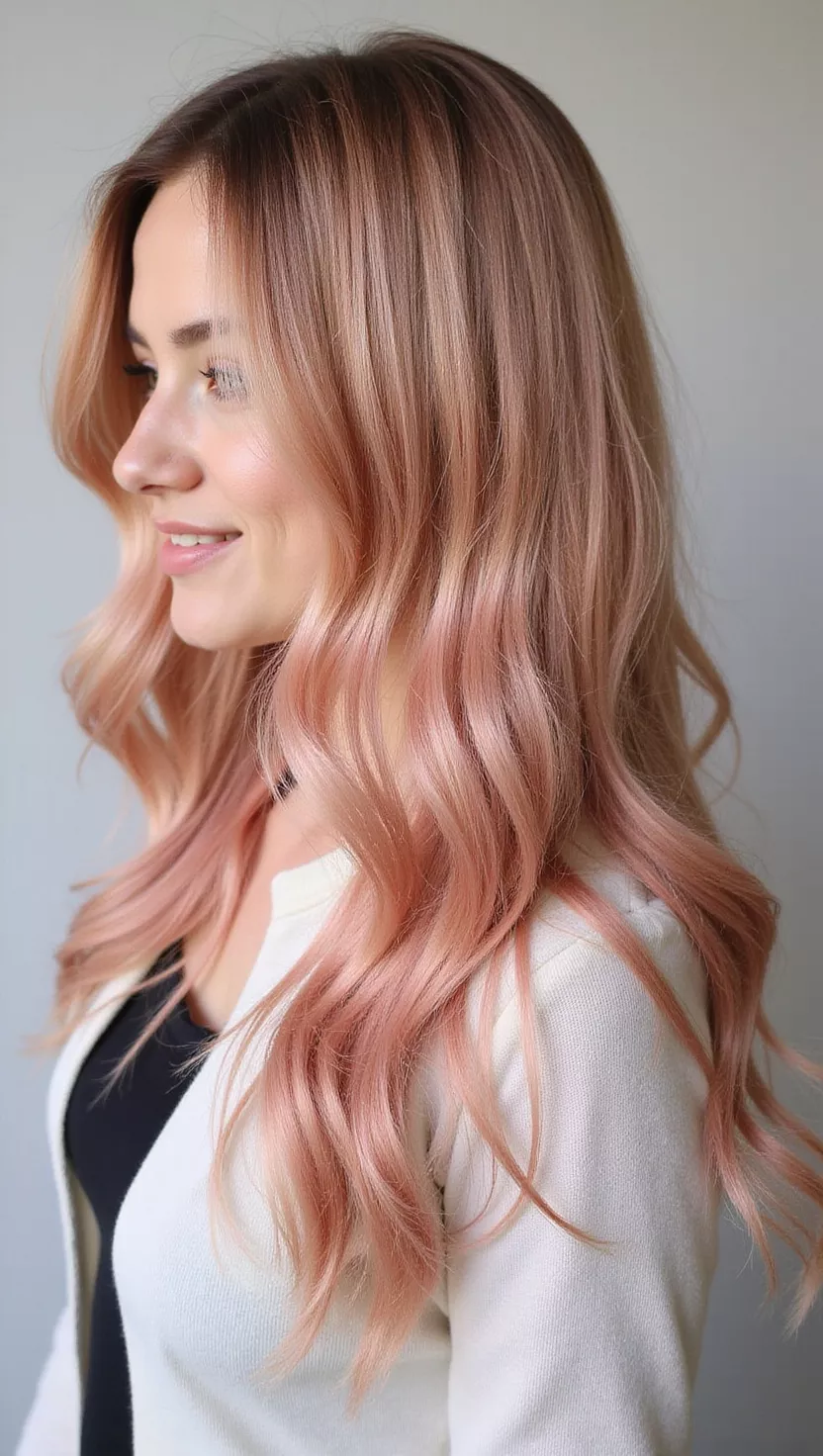 Rose Gold A photo of a 25-year-old woman with a delicate blend of pink and a warm, metallic golden hue colored long, wavy hair, profile view.