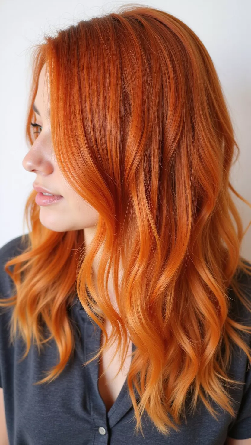 Ginger Spice A photo of a 24-year-old woman with a vibrant, warm orange-red with golden undertones colored long, wavy hair, profile view.