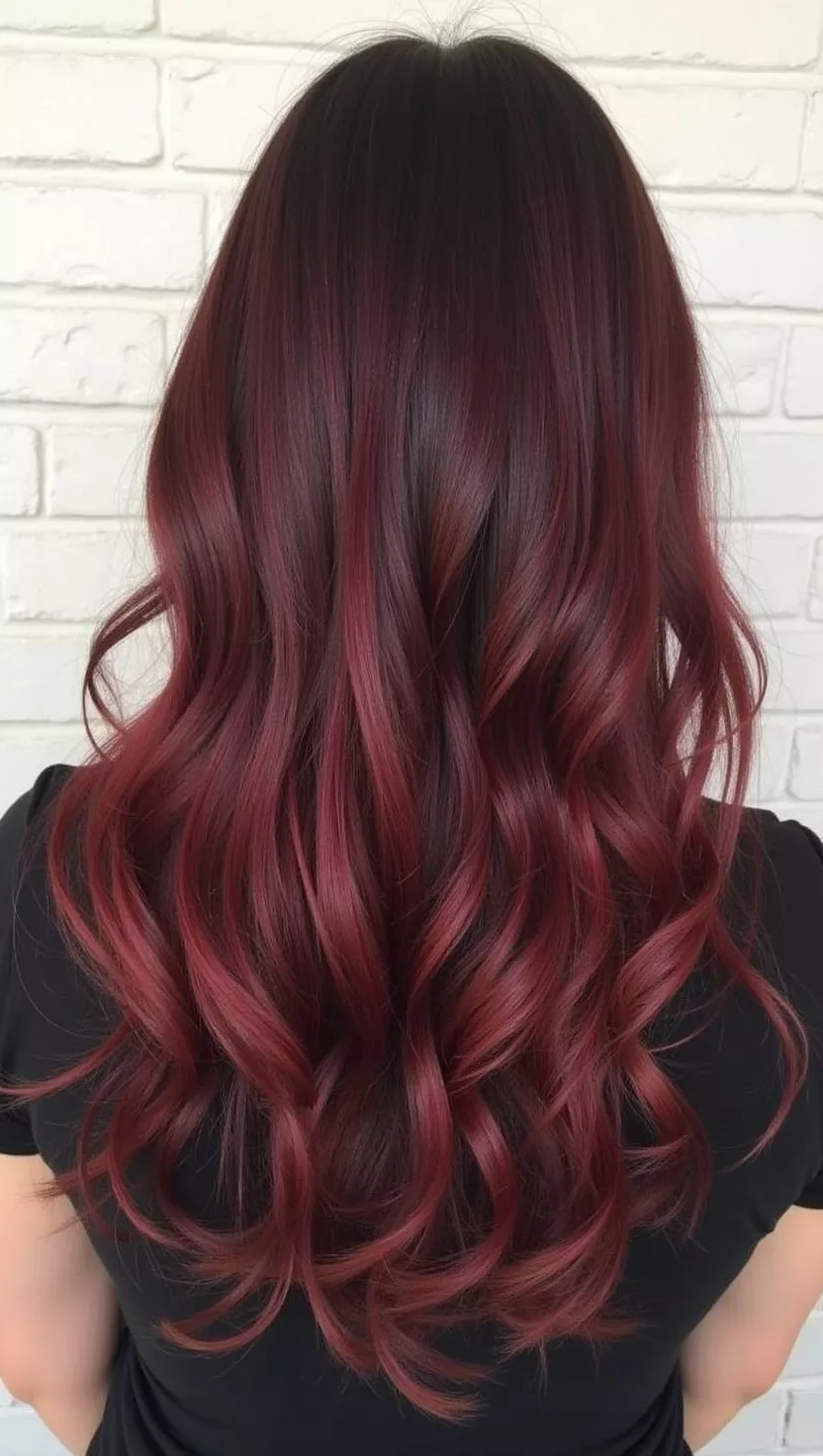 Spiced Mahogany A photo of a 30-year-old woman with a deep reddish-brown with burgundy undertones colored medium-length layered hair, back view.