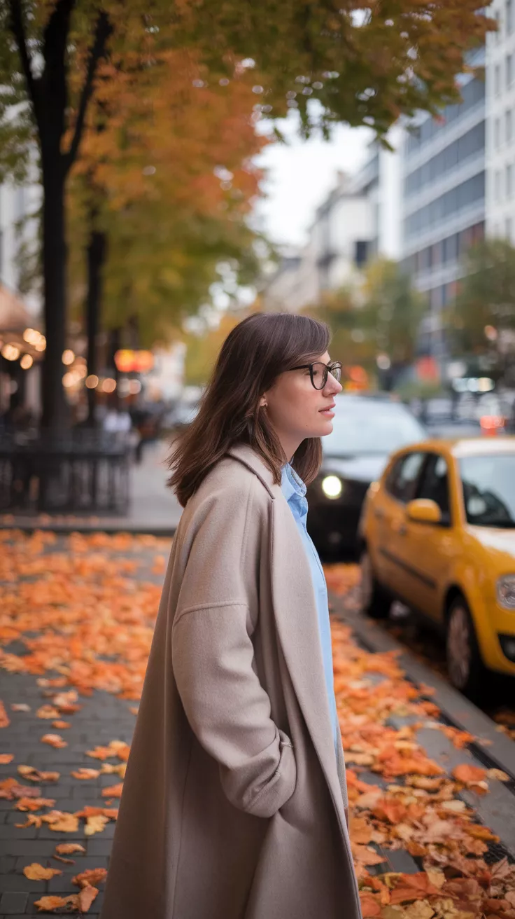 Relaxed Shoulder Cut A photo of a 30-year-old woman with a relaxed shoulder cut, bustling city street with autumn decorations.