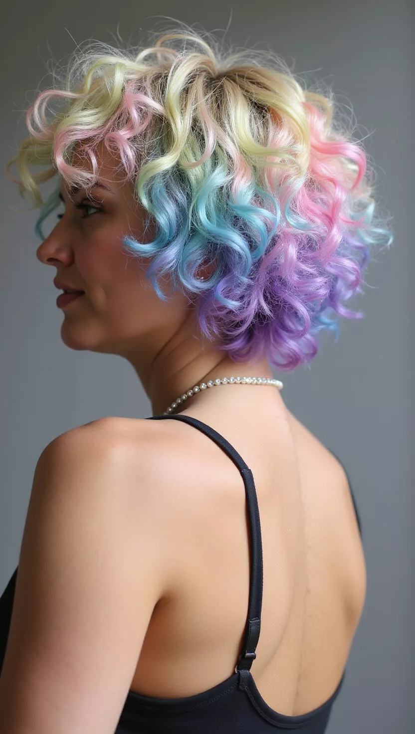 Pastel Rainbow A photo of a 25-year-old woman with a pastel rainbow colored short curly hair, back view.