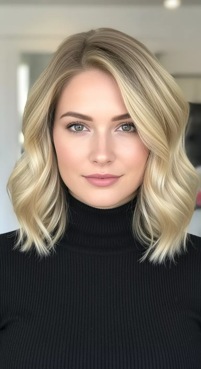 Creamy Blonde A photo of a 28-year-old woman with a rich, opaque creamy blonde colored wavy bob, front view.