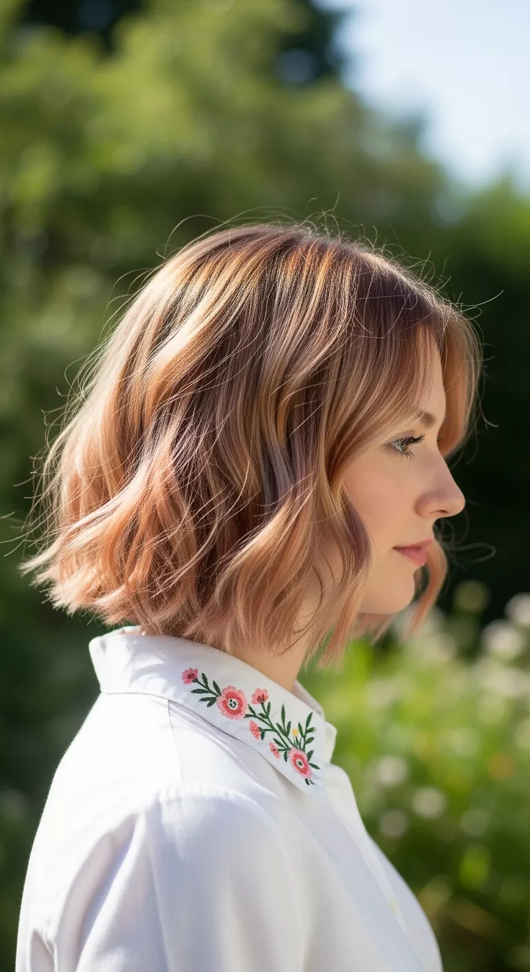 Strawberry Blonde A photo of a 20-year-old woman with a delicate strawberry blonde, featuring warm blonde intermingled with subtle red and pink tones colored short, wavy bob, side view.