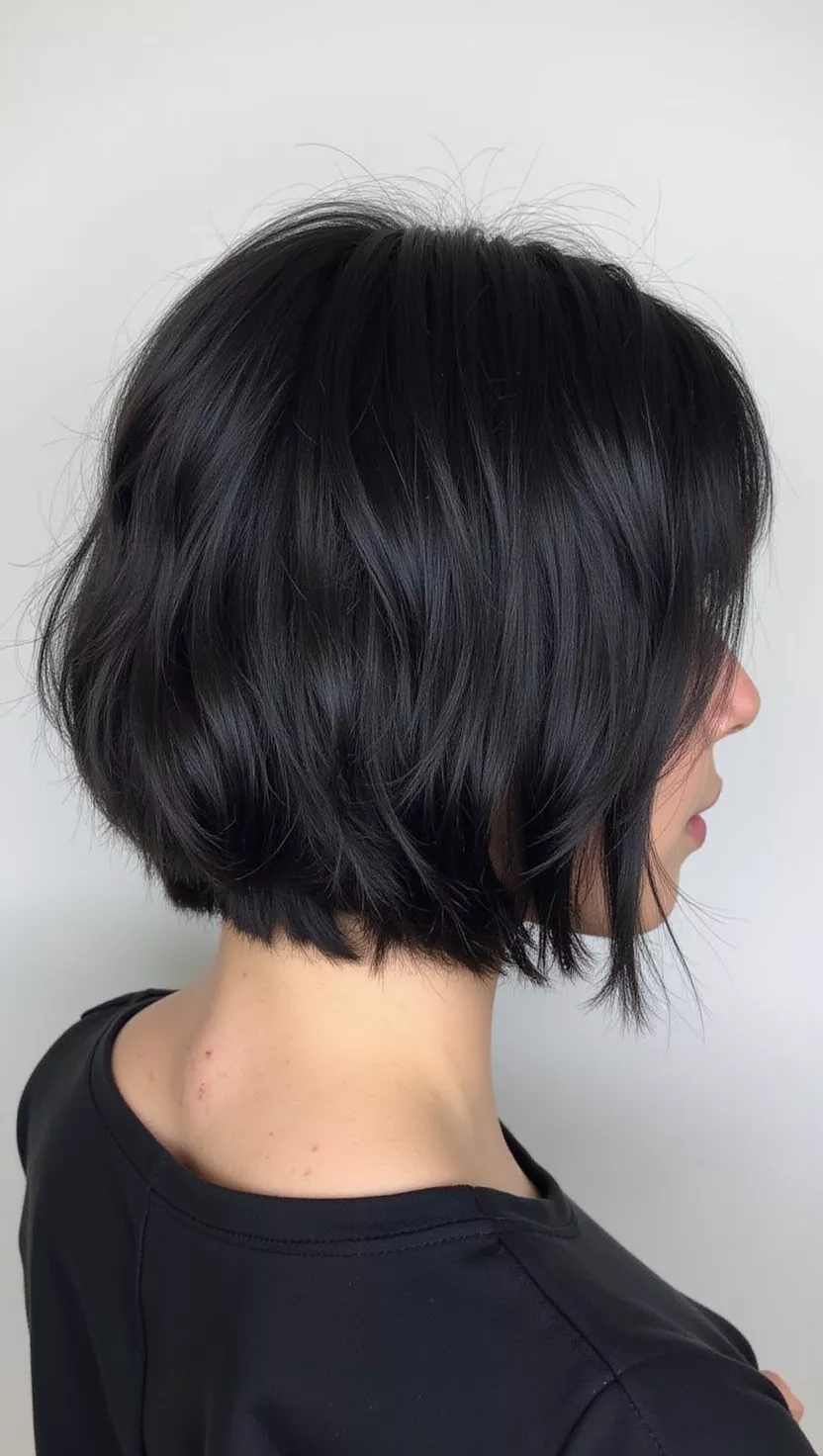 A photo of a 26-year-old woman with a flat, non-reflective black color, lacking shine to give a velvety, understated finish, colored short, choppy haircut, back view.