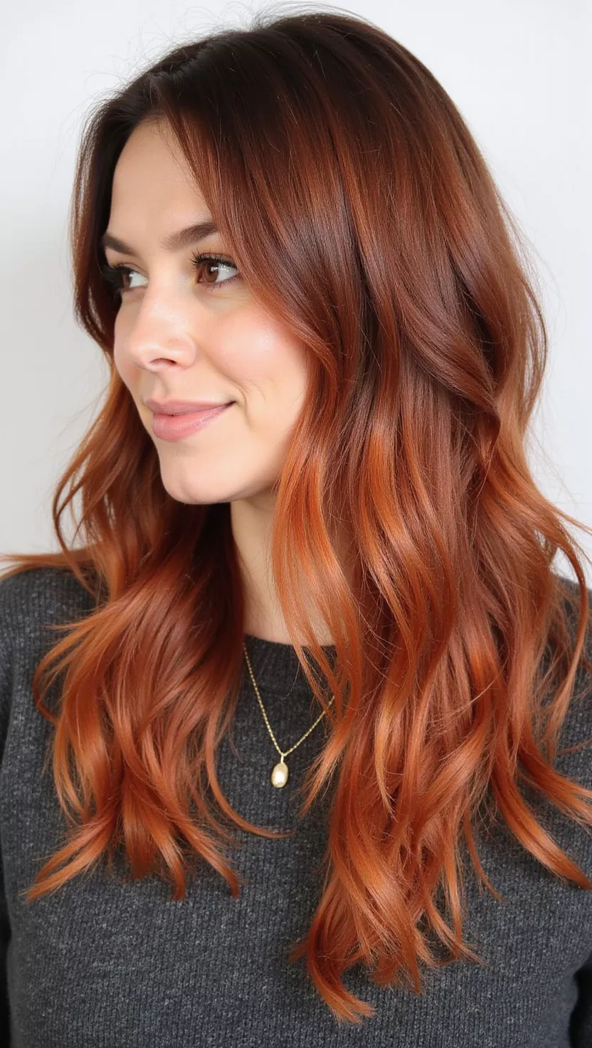 Rust Red A photo of a 32-year-old woman with a deep, earthy reddish-orange with brown undertones colored long, layered hair, profile view.