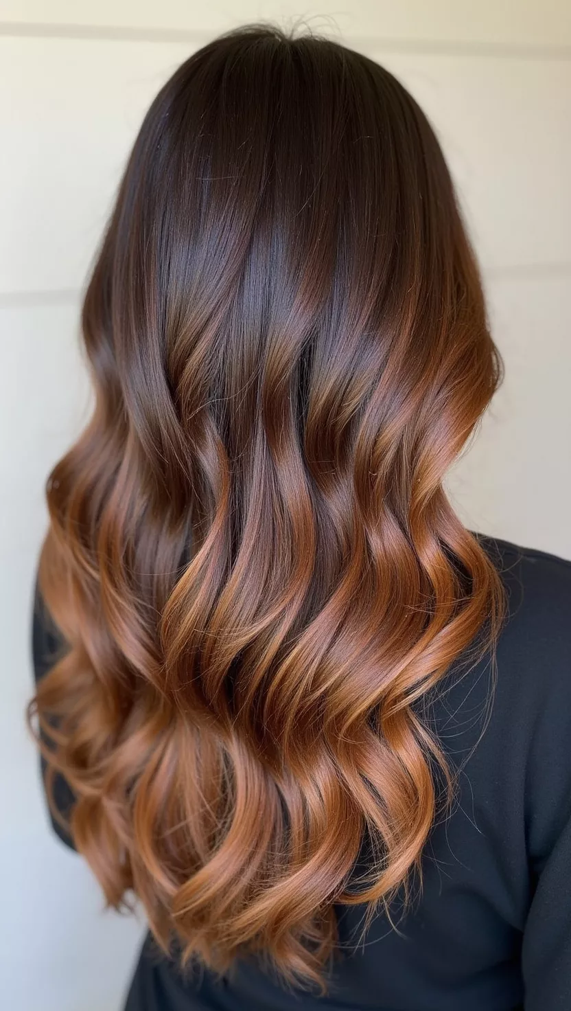 Expensive Brunette A photo of a 35-year-old woman with a luxurious, multi-dimensional expensive brunette hair color, featuring various shades of brown and warm gold for depth and shine, colored long, bouncy curls, back view.