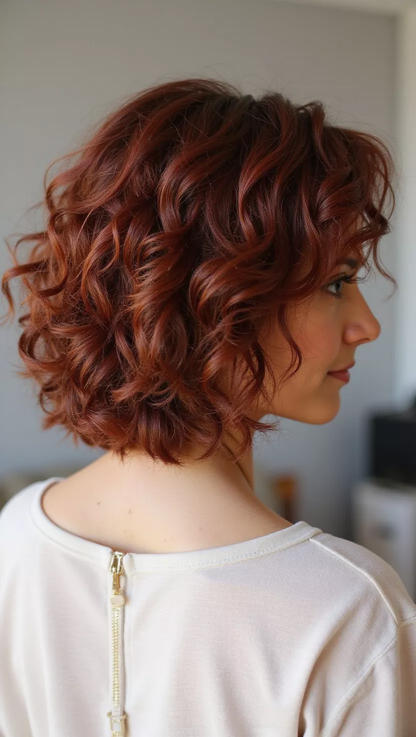 Dark Auburn A photo of a 32-year-old woman with a dark auburn colored short curly hair, back view.