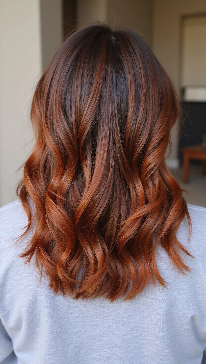 A photo of a 30-year-old woman with a dark, warm brown base infused with rich, reddish-orange highlights, mimicking the color of ground cinnamon, colored medium-length layered hair, back view.
