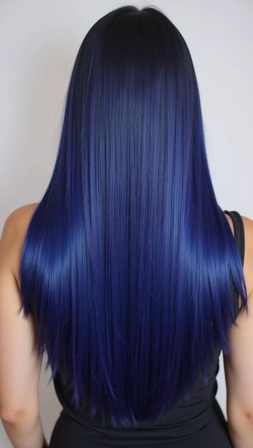 A photo of a 29-year-old woman with a very deep, dark blue with subtle purple undertones, resembling the night sky just as it fully darkens, colored sleek, straight hair, back view.