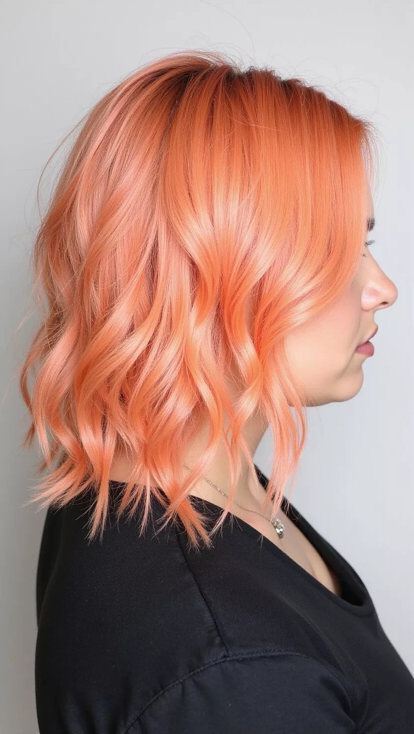 A photo of a 25-year-old woman with a neon peach colored lob, back view.