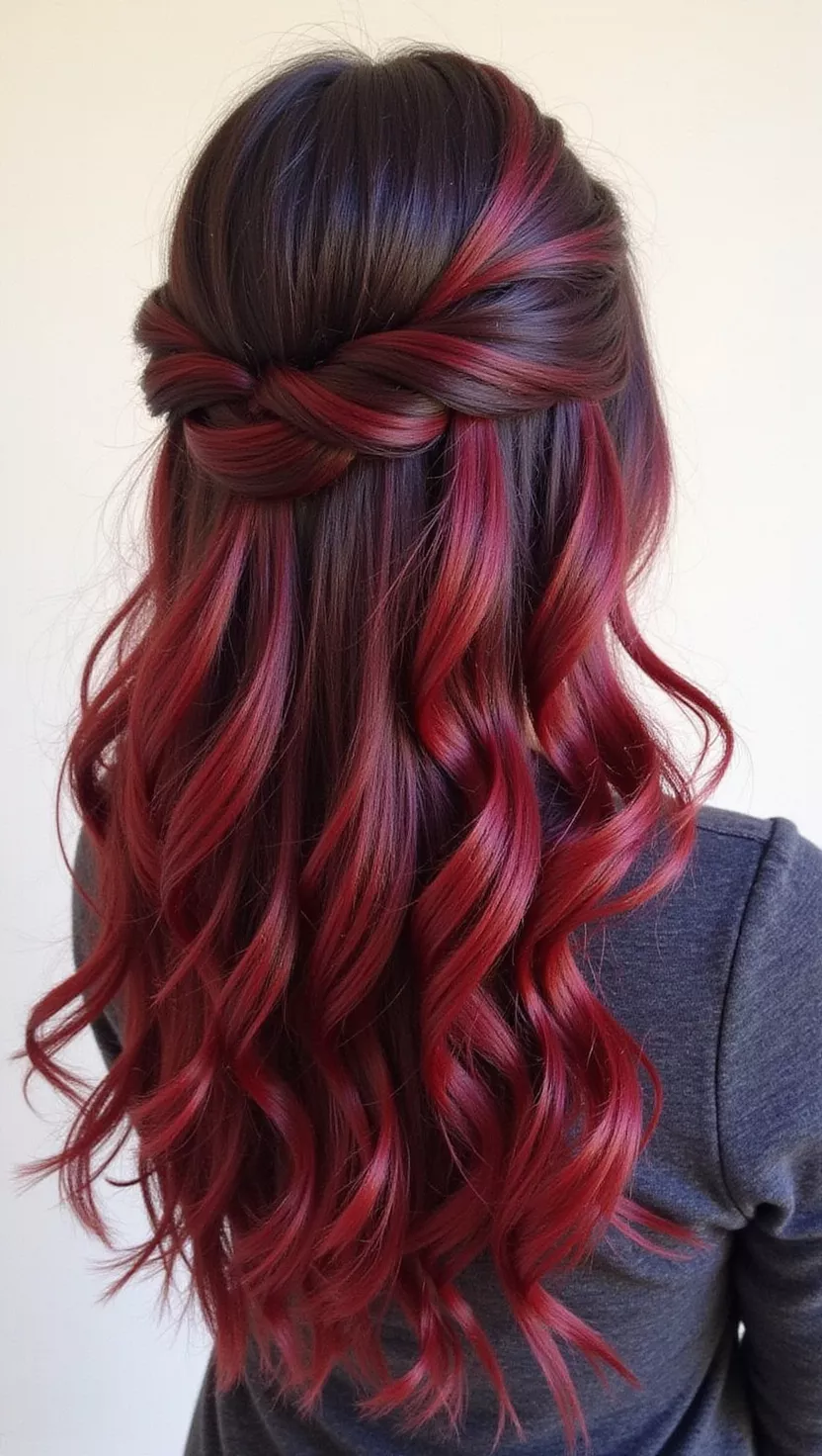 Scarlet Ribbons A photo of a 37-year-old woman with a Scarlet Ribbons (rich red streaks woven through your darker brunette hair) colored long, half-up hairstyle, back view.