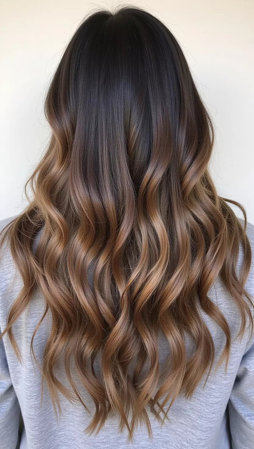 Ash Brown Ombré A photo of a 28-year-old woman with a Ash Brown Ombré colored long, wavy hair, back view.