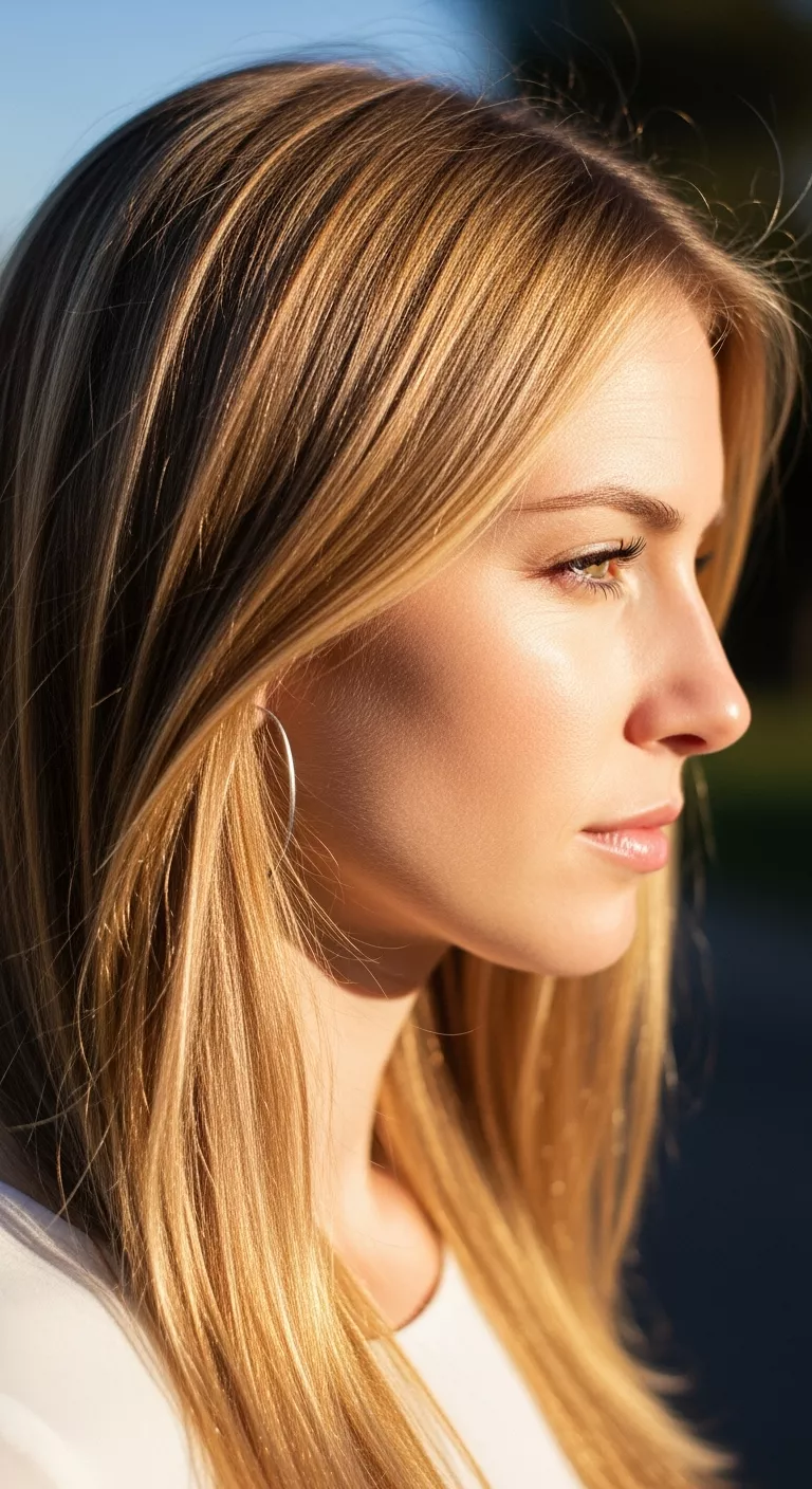 Toasted Blonde A photo of a 32-year-old woman with a warm, golden toasted blonde colored long, straight hair, side view.