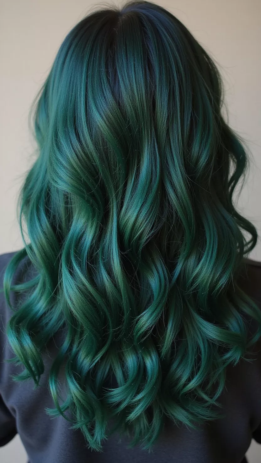 A photo of a 34-year-old woman with a very dark, earthy green, almost black in some lights, mimicking the shade of deep evergreen trees, colored long, textured hair, back view.
