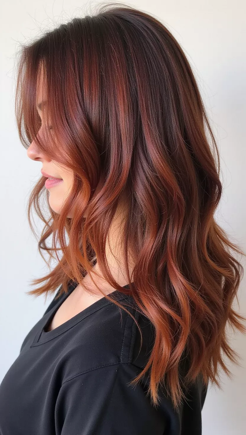 Auburn Red Balayage A photo of a 31-year-old woman with natural-looking highlights of warm reddish-brown auburn through a darker brown base colored long, layered hair, profile view.