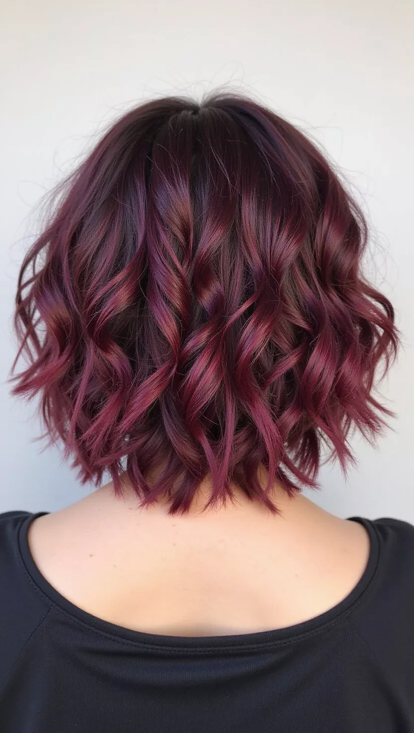 Spiced Plum A photo of a 29-year-old woman with a Spiced Plum colored curly bob, back view.