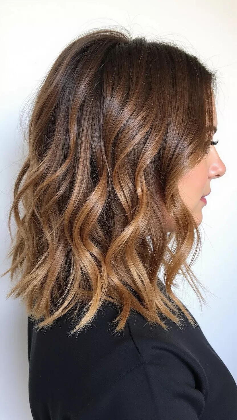 Caramel Balayage A photo of a 28-year-old woman with a Caramel Balayage colored wavy bob, back view.