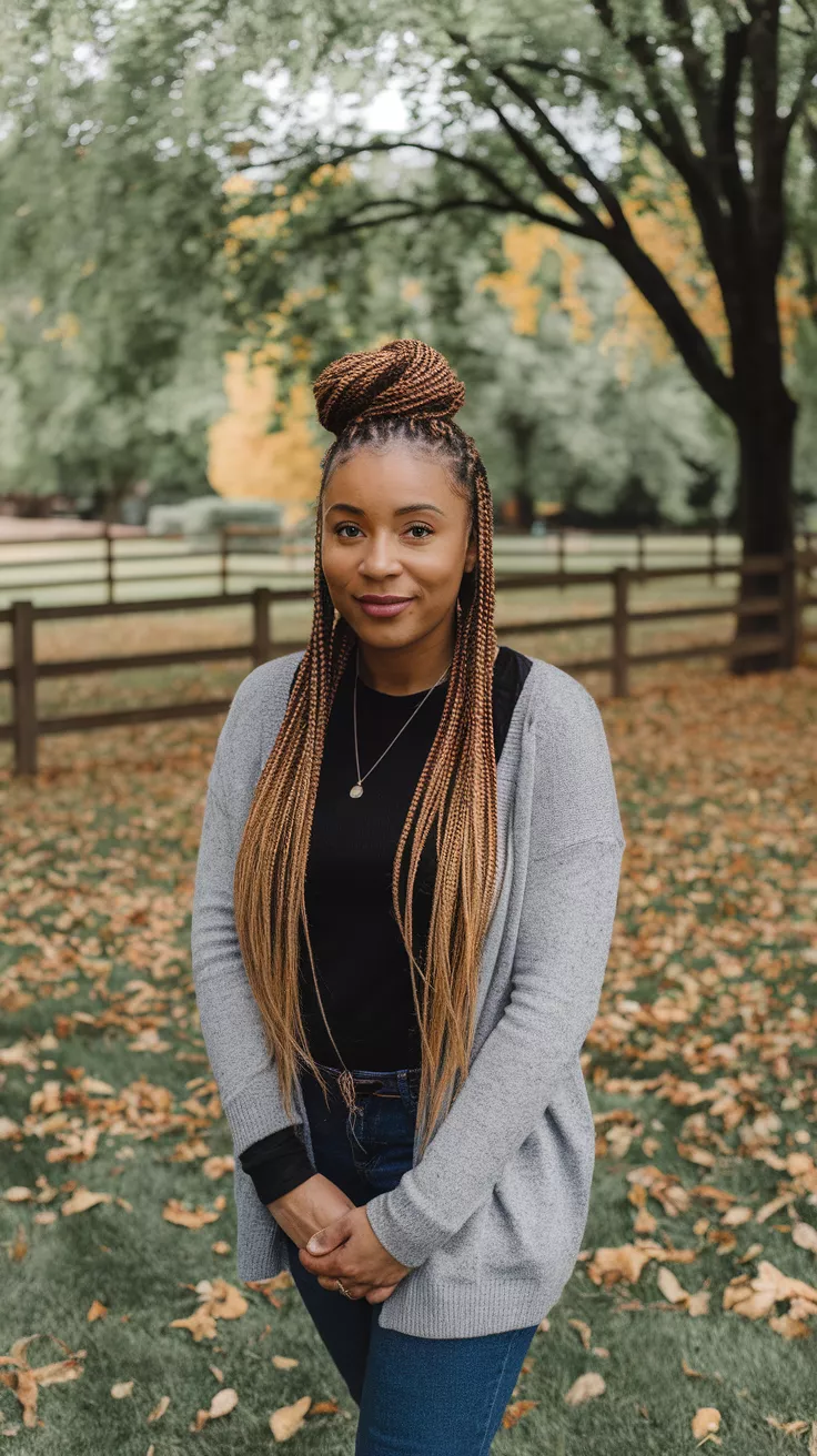 Knotless Braids A photo of a 33-year-old black woman with knotless braids, fall background.