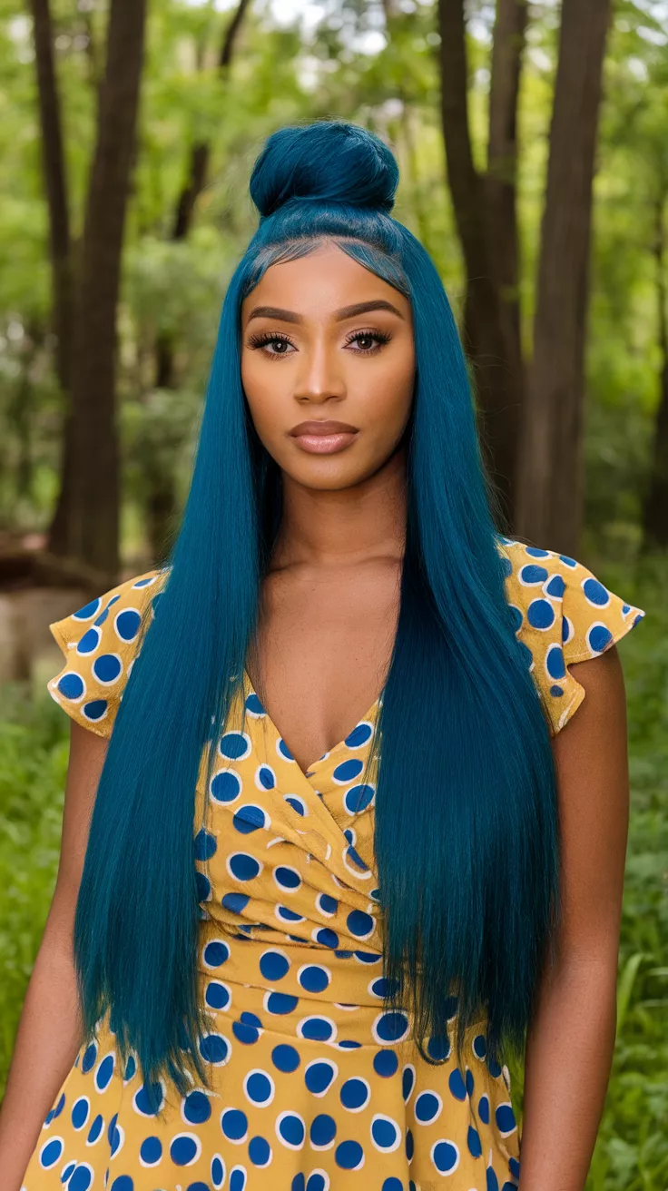 A photo of a 35-year-old black woman with sapphire blue colored long straight hair, back view.