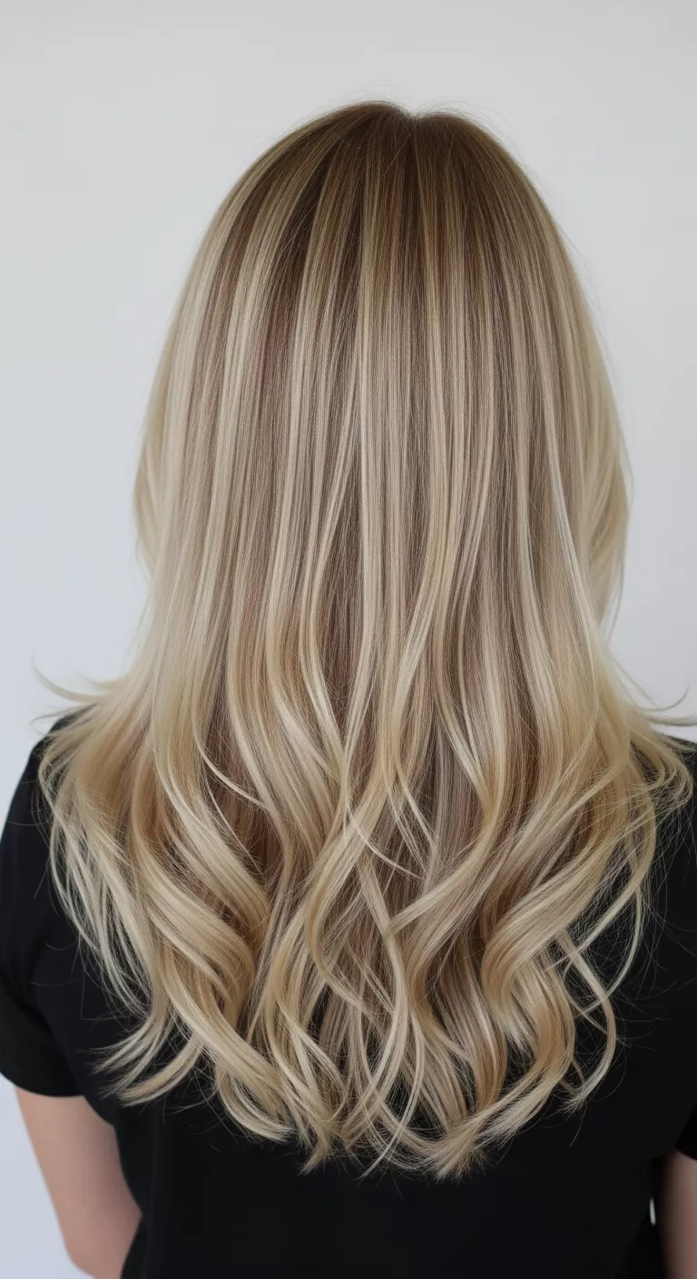 Beige Blonde A photo of a 28-year-old woman with a balanced beige blonde, featuring a mix of warm and cool tones colored long, layered hair, back view.