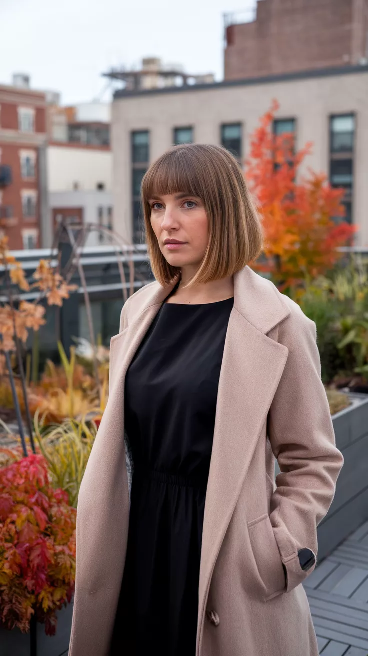 Blunt A-Line Bob A photo of a 35-year-old woman with a blunt A-line bob, urban rooftop garden with autumn plants.