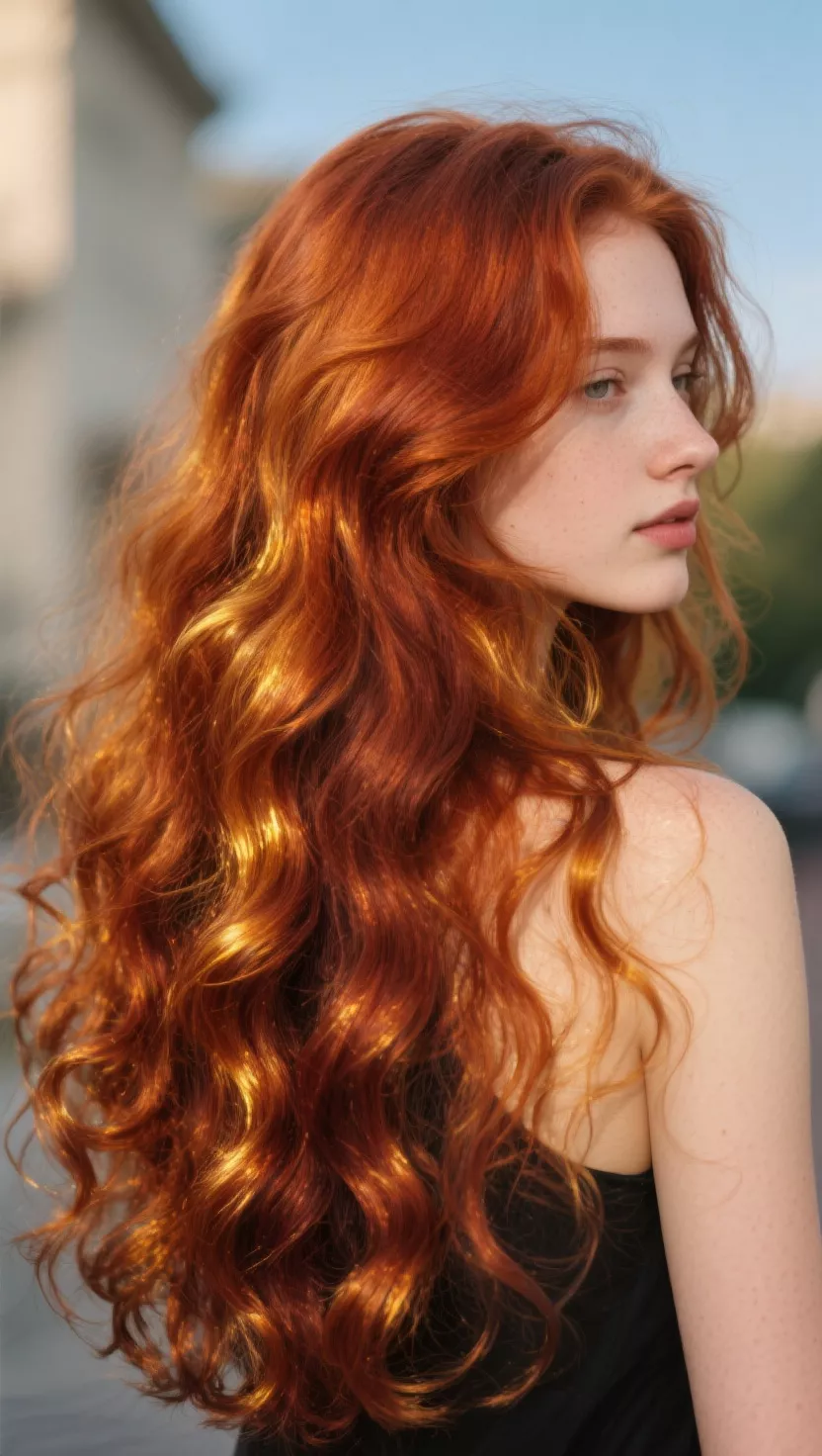 A photo of a 21-year-old woman with a deep, warm auburn hair color with prominent golden highlights and undertones, colored long, loose curls, back view.