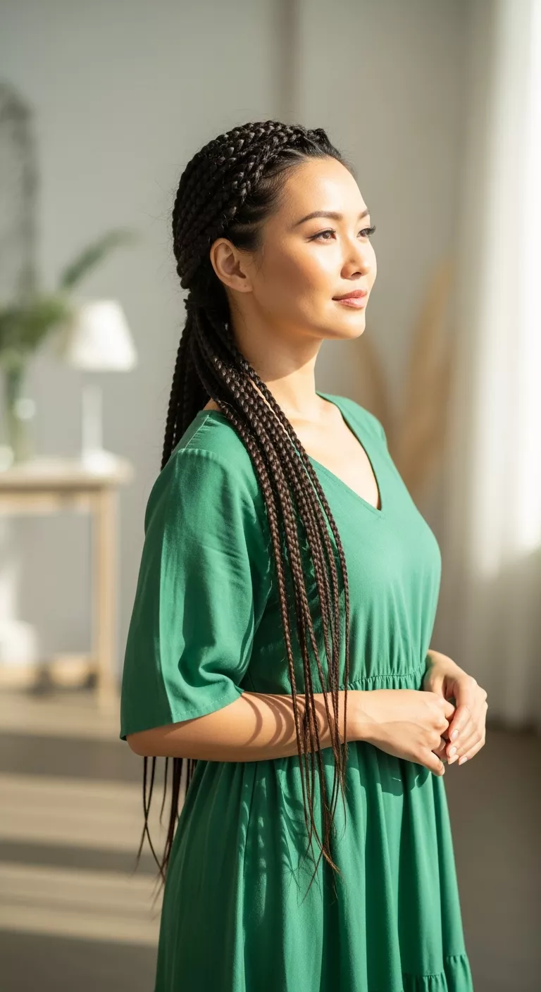 A 32-year-old woman with a braided ponytail.