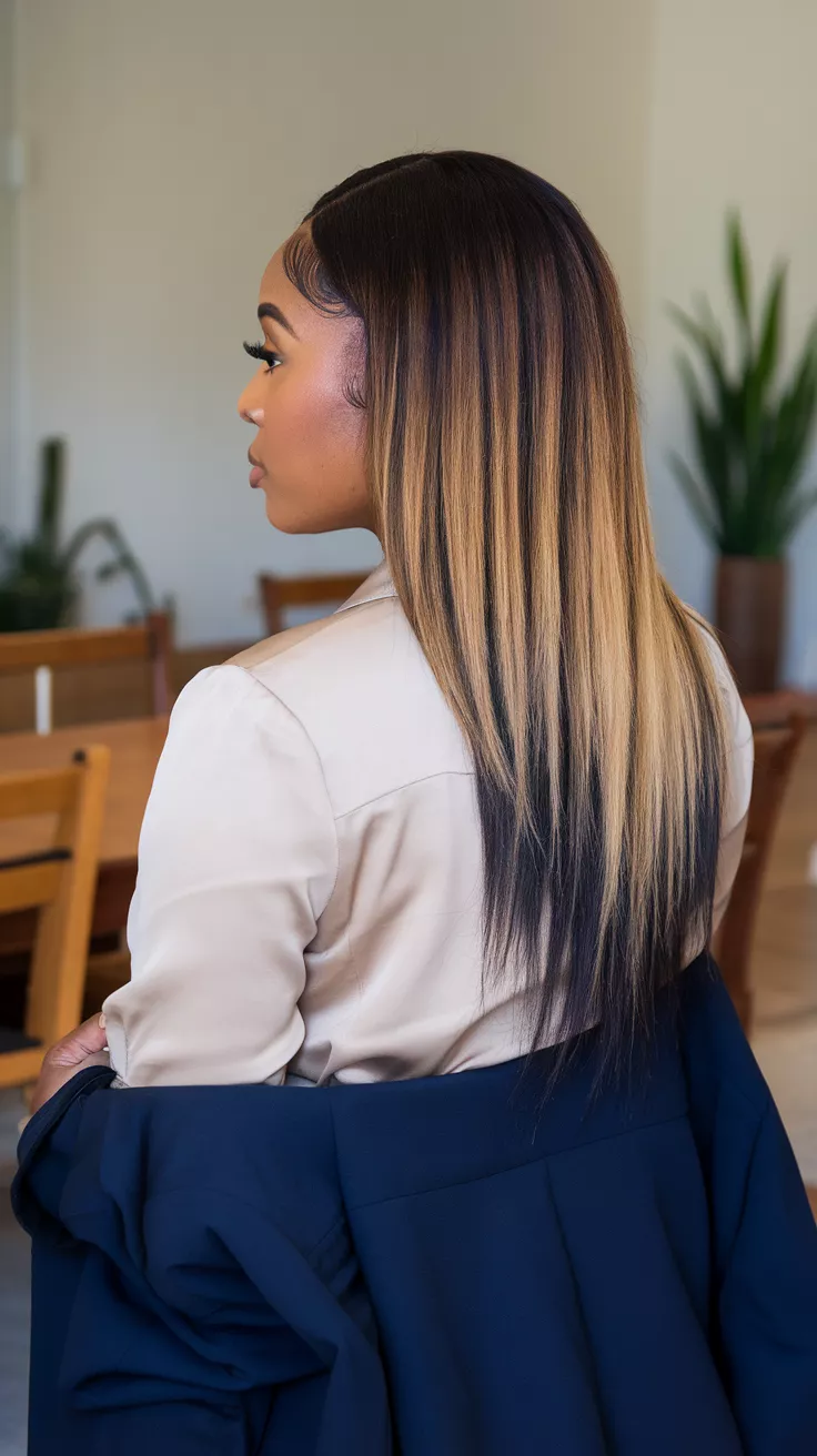 A photo of a 31-year-old black woman with honey blonde highlights on dark brown colored long straight hair, back view.